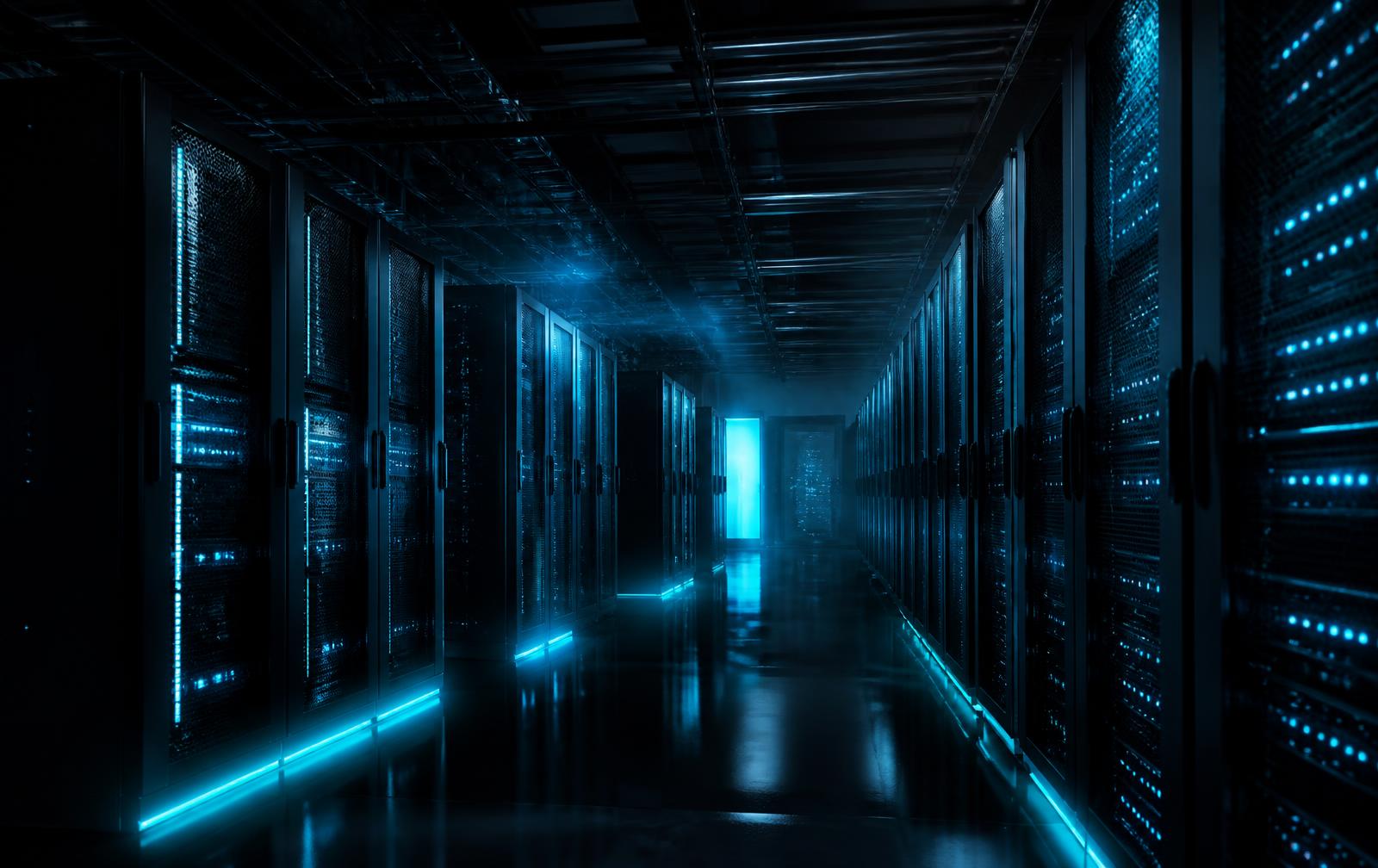 Illuminated server racks inside a modern data center